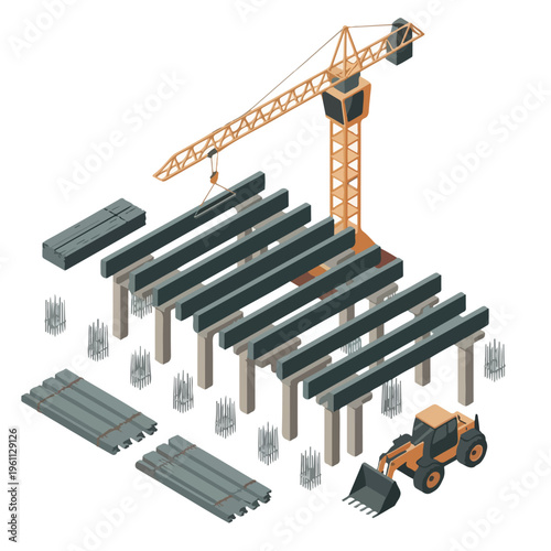 Isometric Bridge Construction Site (Precast Beams, Rebar, Crane) – Vector Illustration