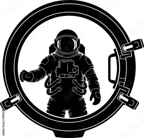 Astronaut in space suit standing inside circular portal illustration design