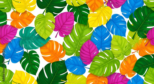 Colorful tropical monstera leaves seamless pattern, vibrant summer foliage background, bright multicolored jungle leaf wallpaper for textile design