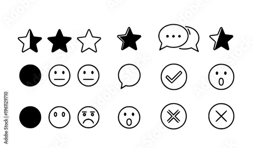 A set of black and white vector icons for ratings and emotions