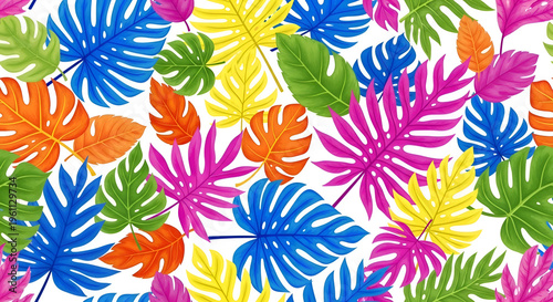 Colorful tropical leaves seamless pattern, vibrant summer foliage background, multicolored monstera leaf wallpaper for textile design