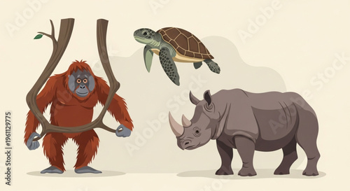 Illustration of a gorilla holding tree branches, a rhinoceros, and a turtle in a neutral beige background with a playful and adventurous mood