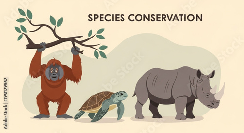 An illustration of a gorilla holding a branch with leaves, a turtle, and a rhinoceros standing together for species conservation
