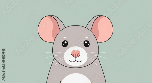 Cute cartoon mouse with big ears and pink nose on green background smiling and looking forward with whiskers