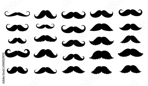 A collection of various black mustache silhouettes on a white background