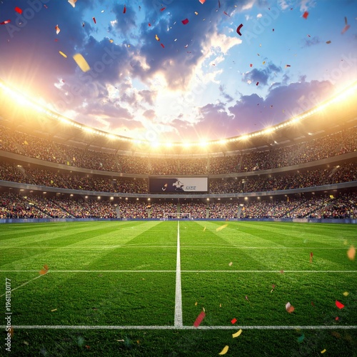 Stadium filled with fans, confetti falling, under a dramatic, sunny sky