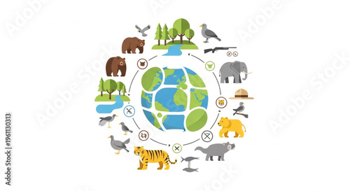 A colorful illustration of the Earth surrounded by various animals and natural elements on a white background