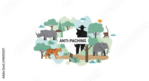 Illustration of various endangered animals and trees with an anti-poaching message on a white background