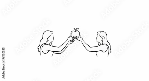 Two women in silhouette offer an apple to each other