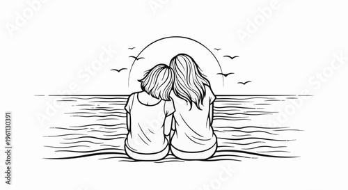 Two women watch the sun set over the ocean with birds flying