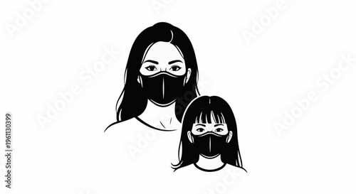 Two women, one adult and one child, wearing protective masks