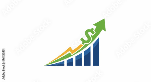 Upward trending financial graph with dollar sign and arrow, isolated on white