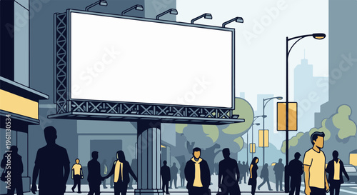 Urban street scene with a large blank billboard and pedestrians walking by
