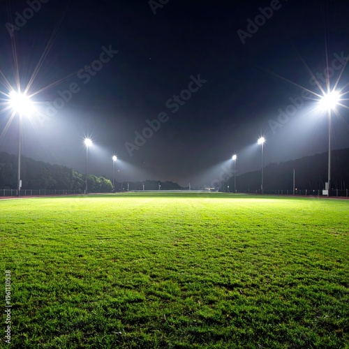 A night shot of a sports field illuminated by stadium lights