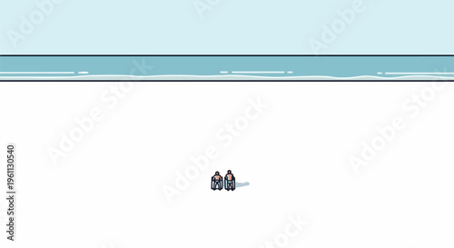 Two figures sit on chairs by a stylized ocean under a pale sky