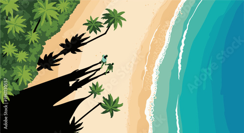 Two figures stroll on a sunny beach near palm trees and turquoise ocean
