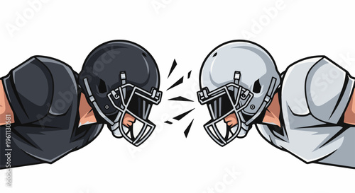 Two football players in helmets clash, representing intense competition