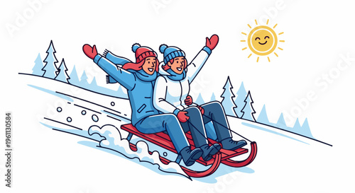 Two friends enjoying a sunny winter sled ride down a snowy hill