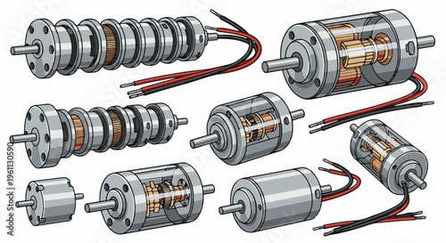 Various sizes of electric DC motors, some cutaway, with wires
