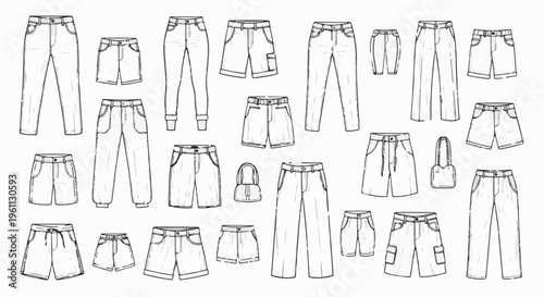 Various styles of pants and shorts for women in a black and white sketch