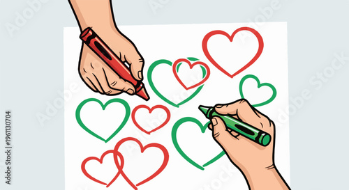 Two hands draw red and green hearts with crayons on paper
