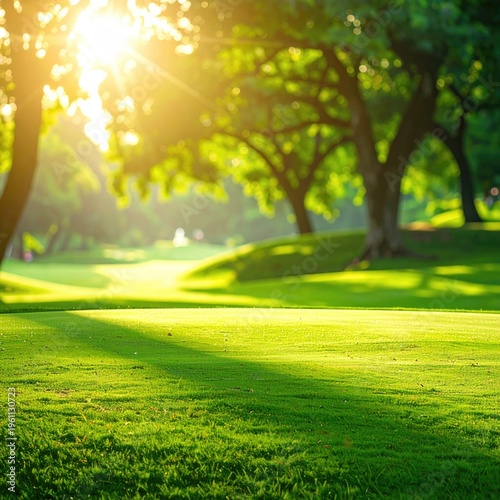 Lush green meadow bathed in sunlight, framed by trees