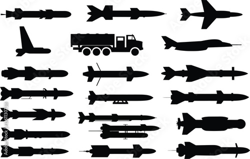 Missile icons silhouette set, black vector symbols of rocket launchers cruise missiles and tactical defense technology for aerospace military and engineering design.