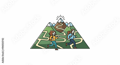 Two hikers ascend a stylized mountain with winding paths and a radiant sun
