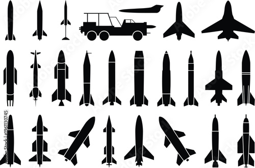 Missile icons silhouette set, bold black icons featuring rockets launch systems and aerospace defense equipment representing military technology and tactical tools.