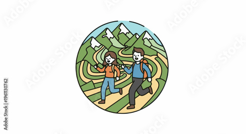 Two hikers with backpacks ascend a winding mountain path under a blue sky
