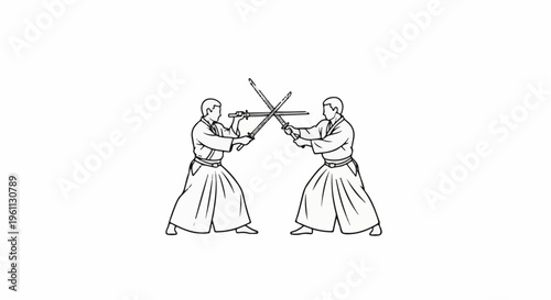Two individuals in traditional attire engage in a sword duel, crossing blades