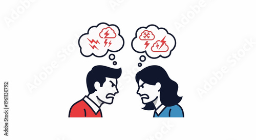 Two individuals with angry expressions, clouds above heads with lightning