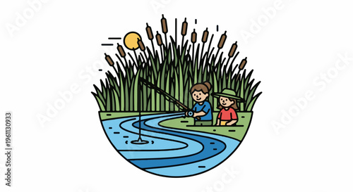 Two people fishing in a curved river surrounded by reeds and a sunny sky