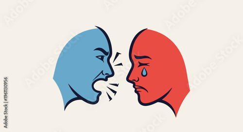 Two stylized heads, one shouting and blue, the other crying and red