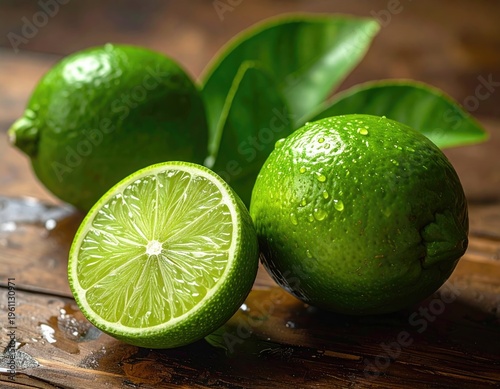 Fresh limes, some halved, with leaves, on a wet, wooden surface