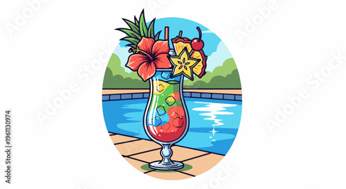 Tropical cocktail with fruit and flowers by a sunny swimming pool