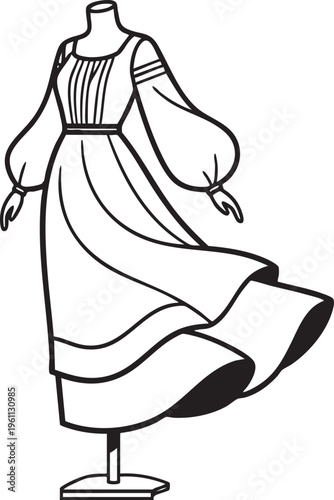 Vintage peasant dress on a mannequin, continuous one-line drawing, minimalist outline illustration, female folk fashion in one-line art style vector.