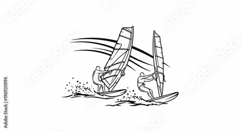 Two people windsurfing in the ocean with stylized waves and wind lines