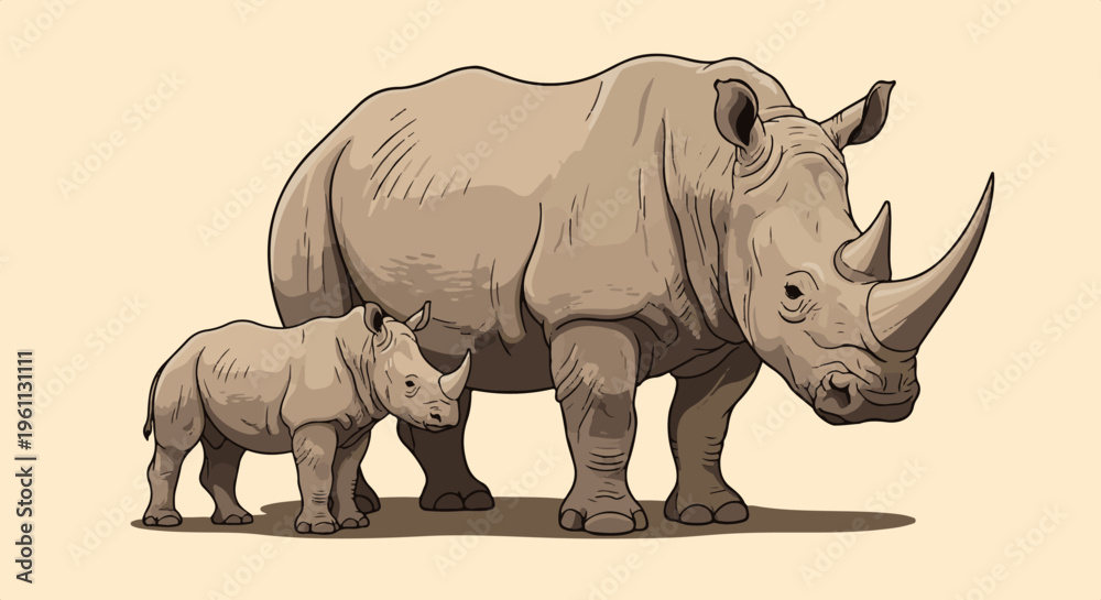 Fototapeta premium Two rhinoceroses, a large adult and a small baby, stand side by side