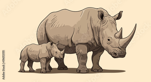 Two rhinoceroses, a large adult and a small baby, stand side by side