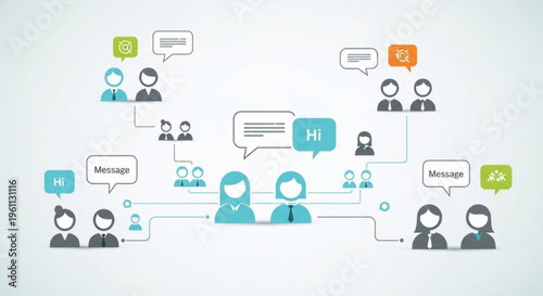 People communicating in a network with speech bubbles and messages