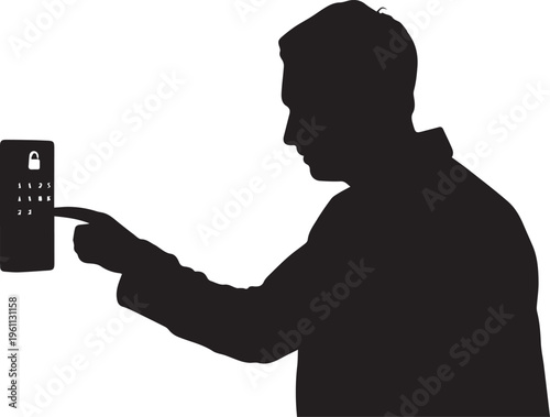 Silhouette of man entering code on keypad lock vector