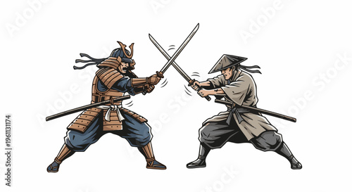 Two warriors in traditional armor clash swords in a stylized duel