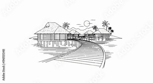 Tropical huts on stilts, connected by a curved walkway over water, palm trees, and mountains