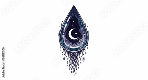 Stylized teardrop gem displaying a crescent moon and stars within