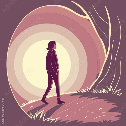 A woman walks on a path towards a bright circular light