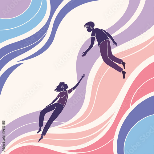 Two people jumping in the air with a wavy background