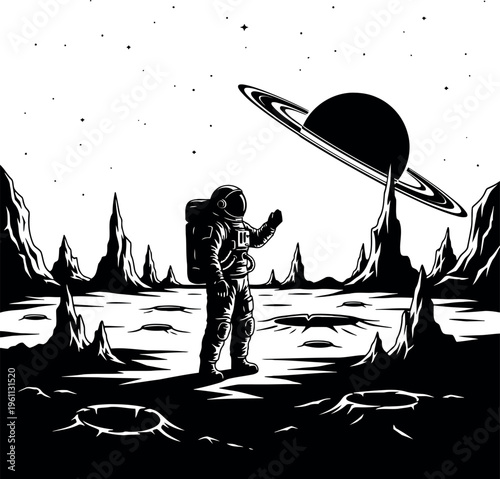 Astronaut standing on alien planet with rings in space background