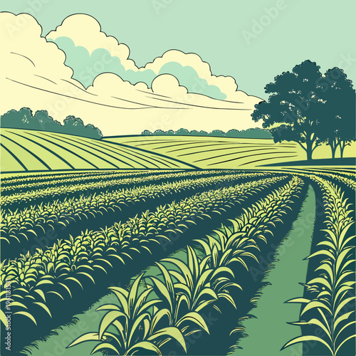 A field of crops with trees in the background