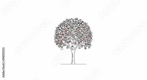Stylized tree with numerous small bags or pouches as fruit on branches